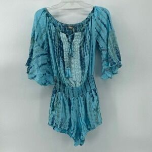 Hush‎ Tie Dye Romper Bell Sleeve Smocked Waist Blue Casual Boho Festival Size XS